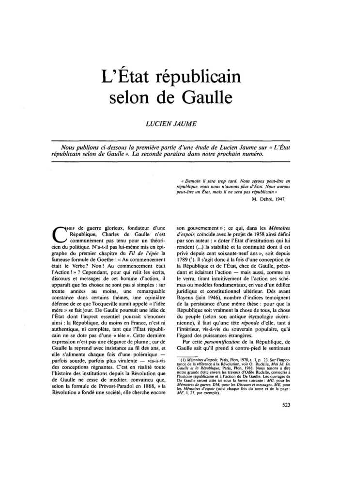 L’État républicain selon de Gaulle
 – page 1
