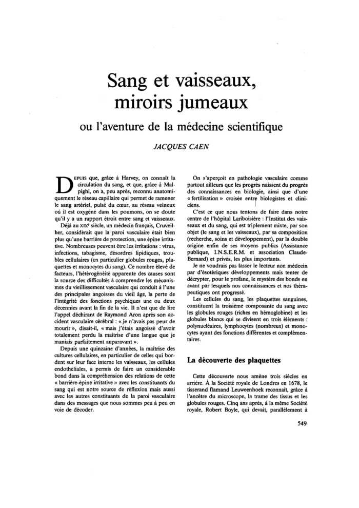 Sang et vaisseaux, miroirs jumeaux ou l’aventure de la médecine scientifique
 – page 1