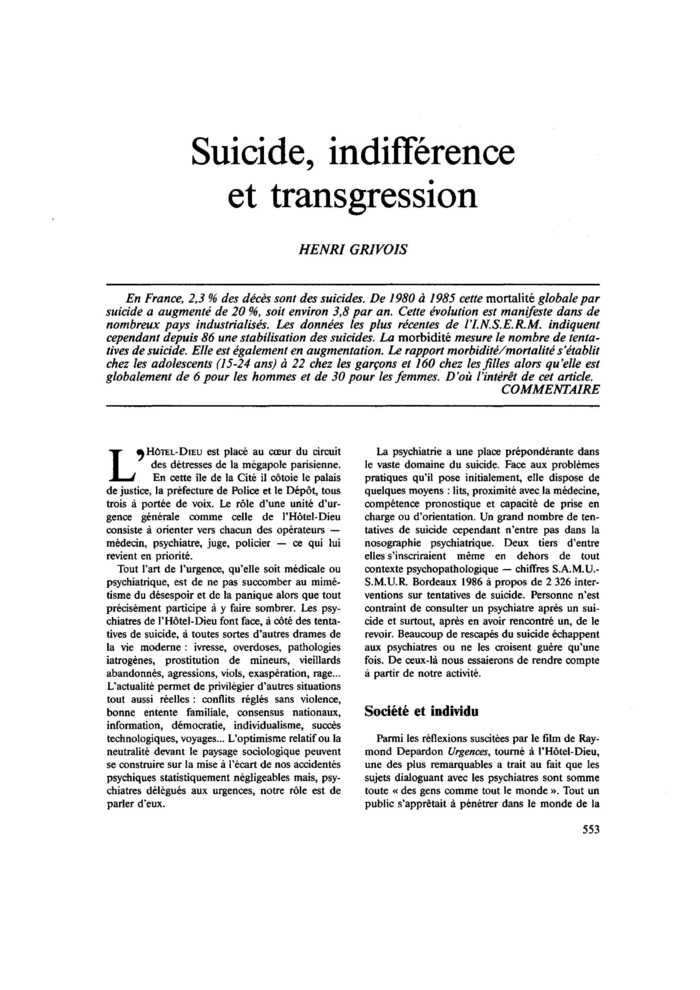 Suicide, indifférence et transgression
 – page 1