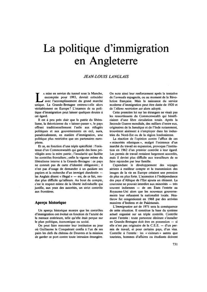 La politique d’immigration en Angleterre
 – page 1