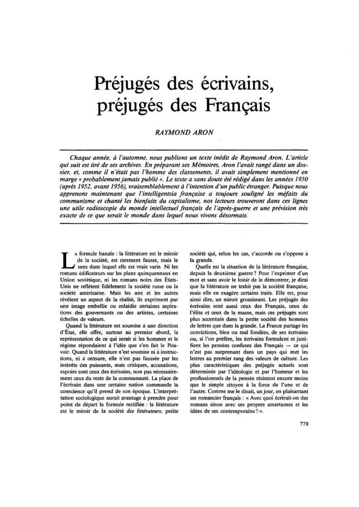 Préjugés des écrivains, préjugés des Français
 – page 1