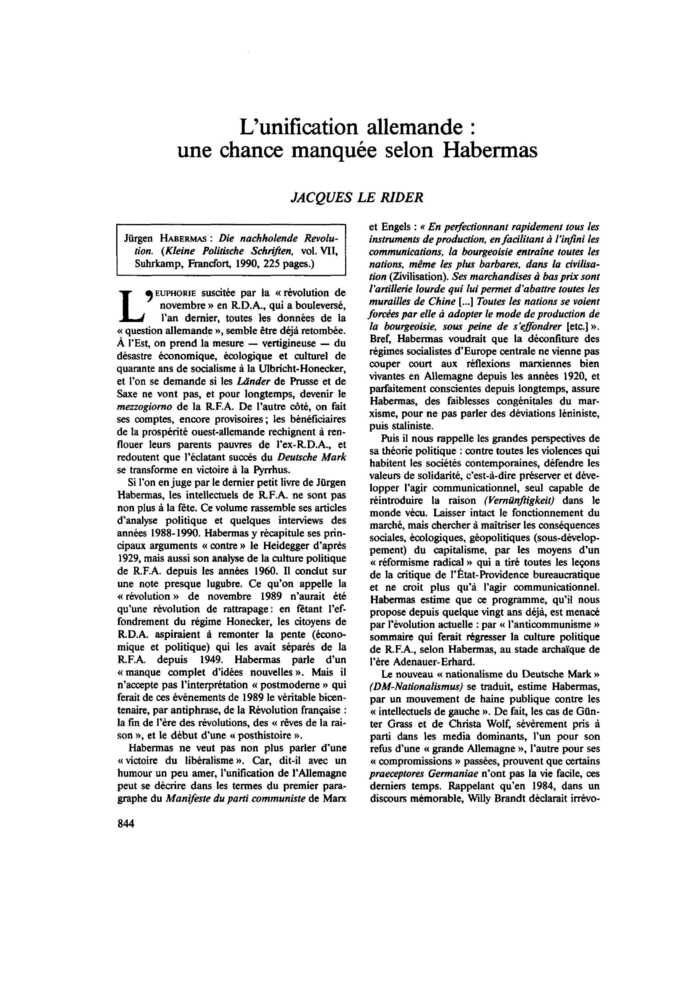 L’unification allemande : une chance manquée selon Habermas
 – page 1