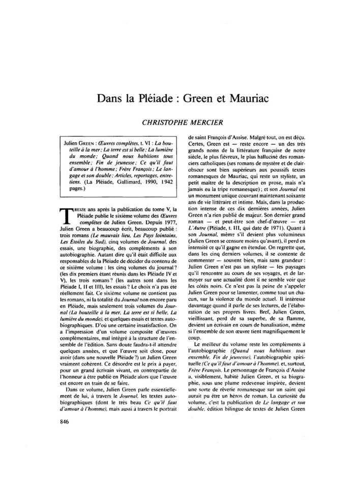 Dans la Pléiade : Green et Mauriac
 – page 1