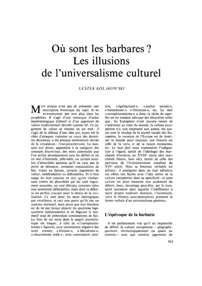 Où sont les barbares ? Les illusions de l’universalisme culturel
 – page 1