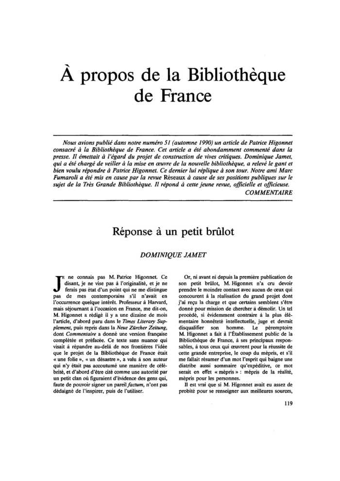 À propos de la Bibliothèque de France : réponse à un petit brûlot
 – page 1