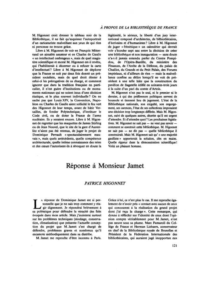 À propos de la Bibliothèque de France : réponse à Monsieur Jamet
 – page 1