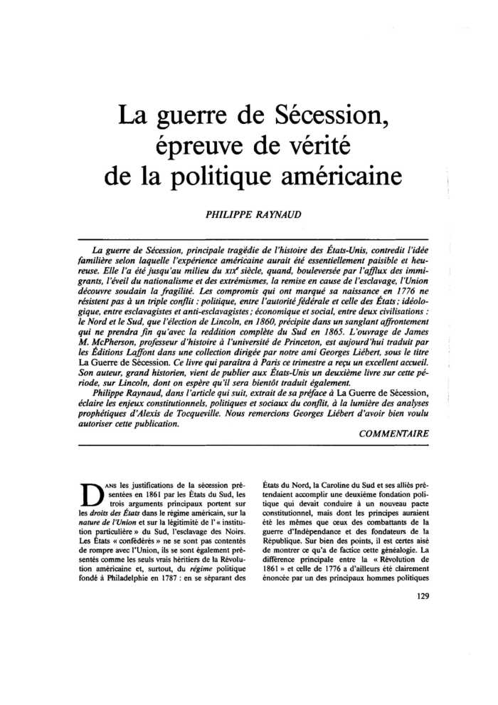 La guerre de Sécession, épreuve de vérité de la politique américaine
 – page 1