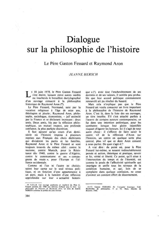 Dialogue sur la philosophie de l’histoire : Le Père Gaston Fessard et Raymond Aron
 – page 1