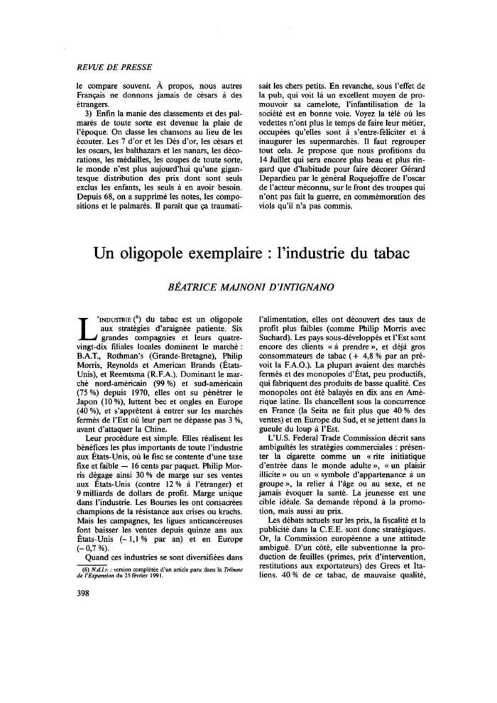 Un oligopole exemplaire : l’industrie du tabac
 – page 1