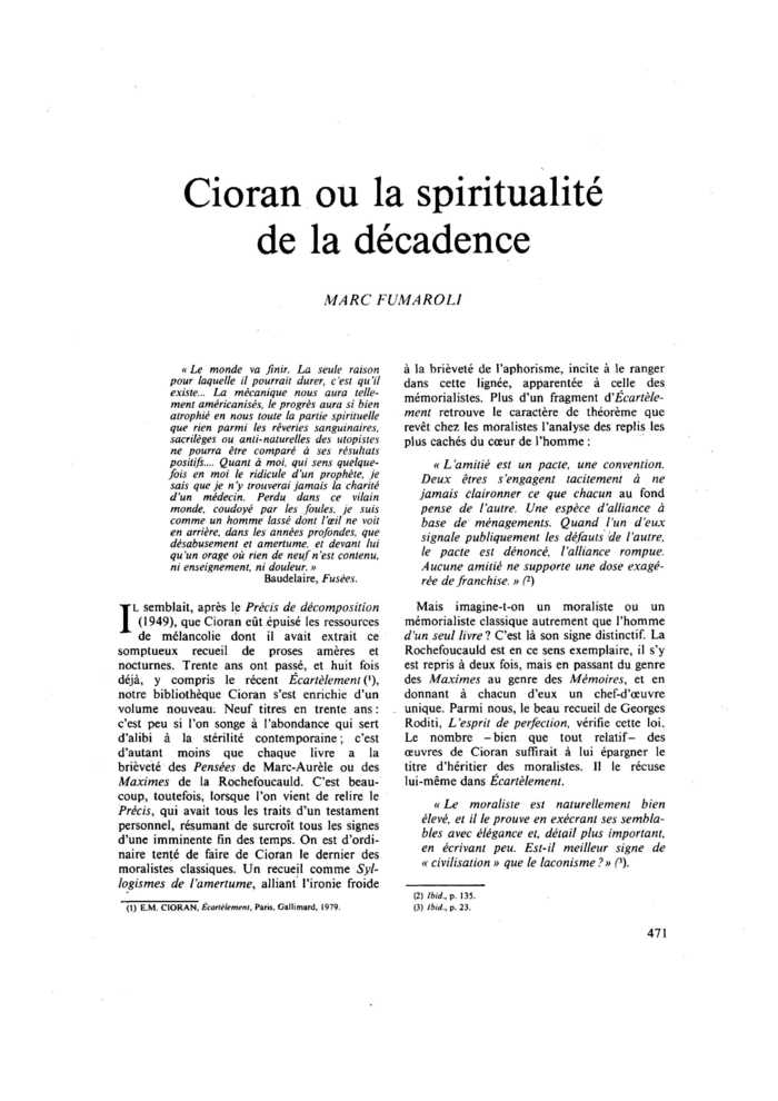 Cioran ou la spiritualité de la décadence
 – page 1