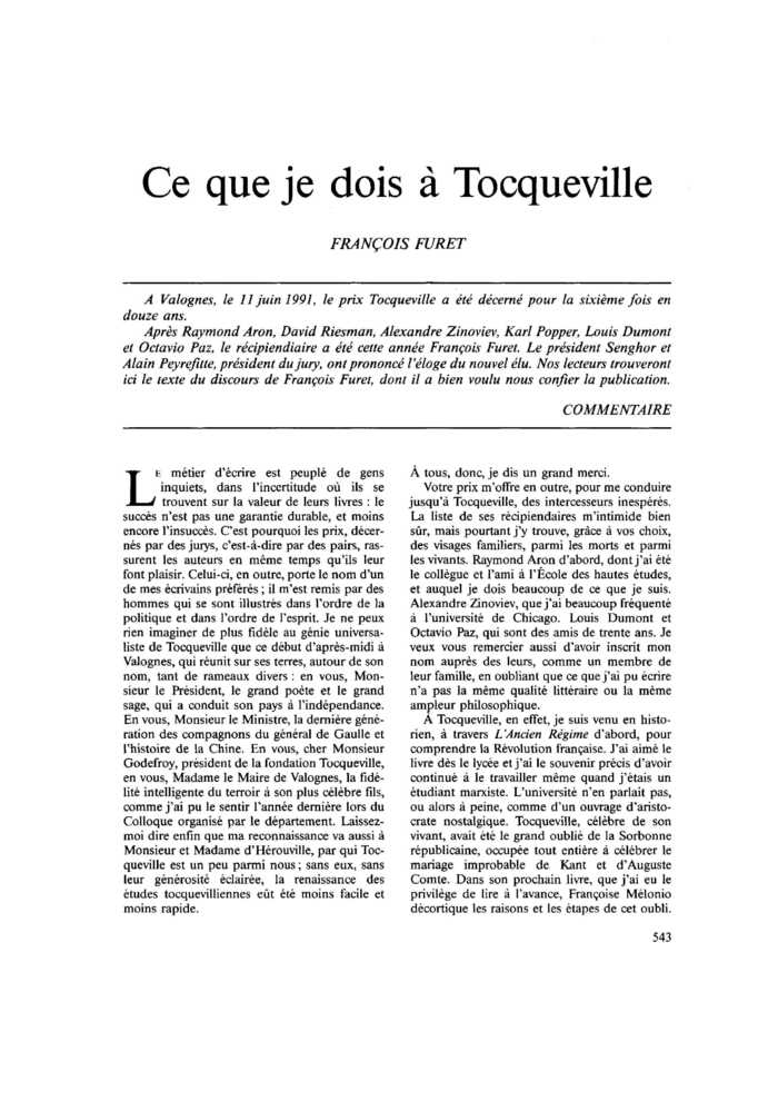 Ce que je dois à Tocqueville
 – page 1
