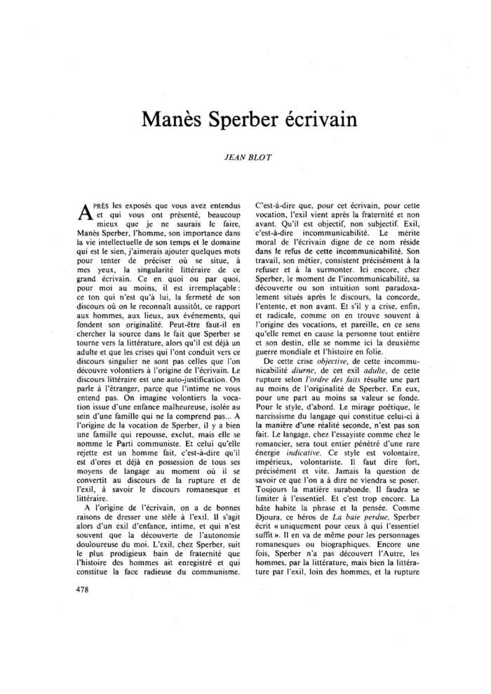 Manès Sperber écrivain
 – page 1