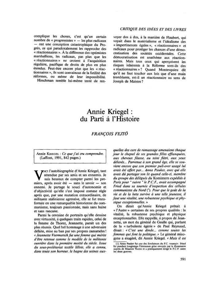 Annie Kriegel : du Parti à l’Histoire
 – page 1