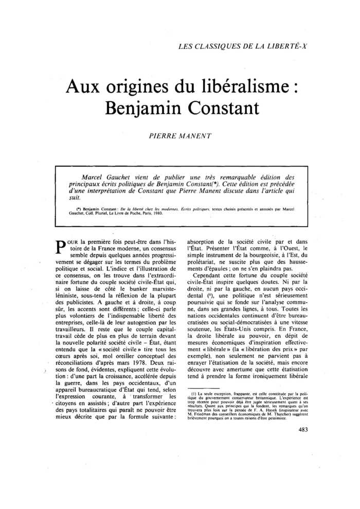 Aux origines du libéralisme : Benjamin Constant
 – page 1