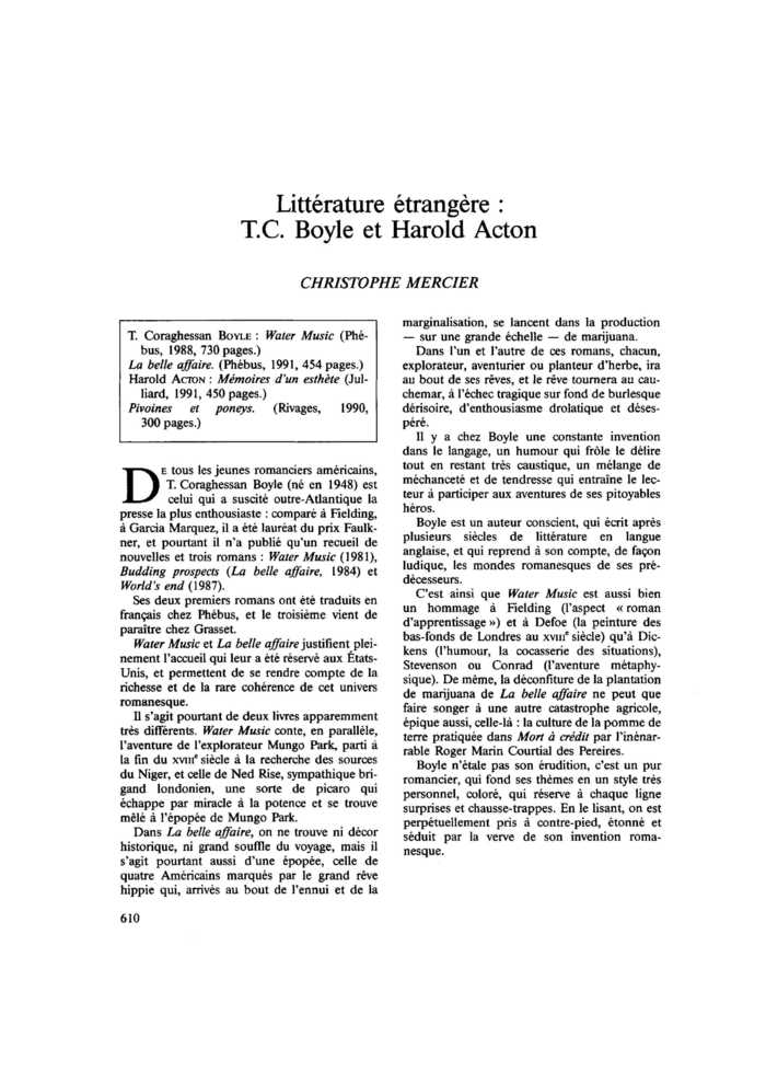Littérature étrangère : T.C. Boyle et Harold Acton
 – page 1
