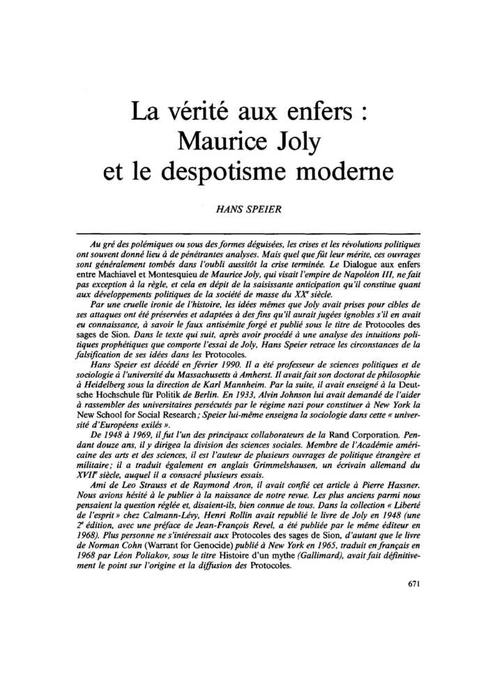 La vérité aux enfers : Maurice Joly et le despotisme moderne
 – page 1