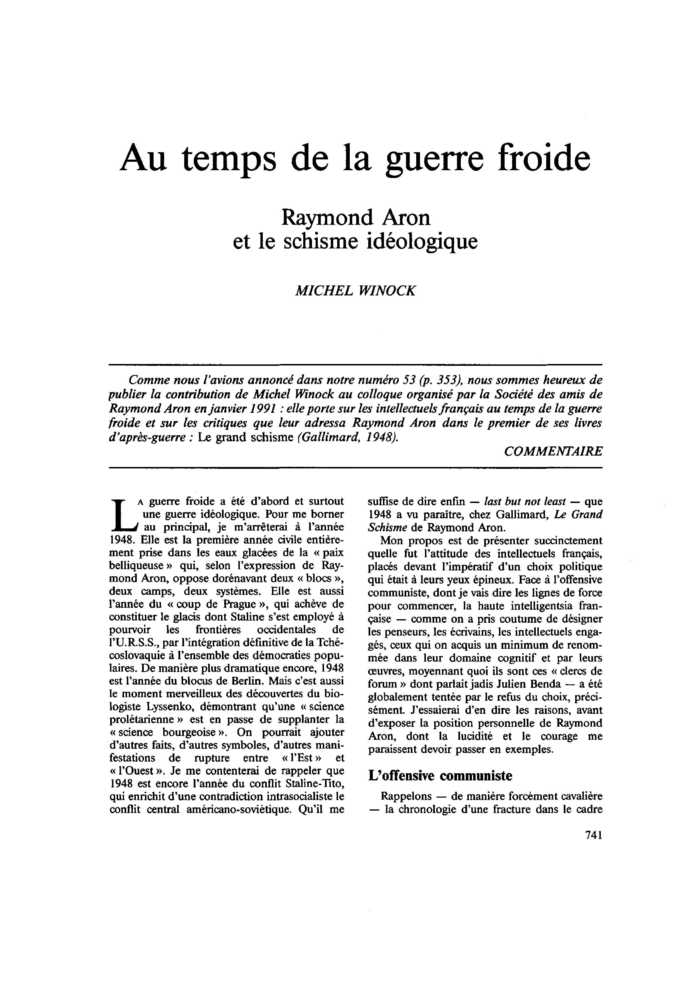 Au temps de la guerre froide. Raymond Aron et le schisme idéologique
 – page 1
