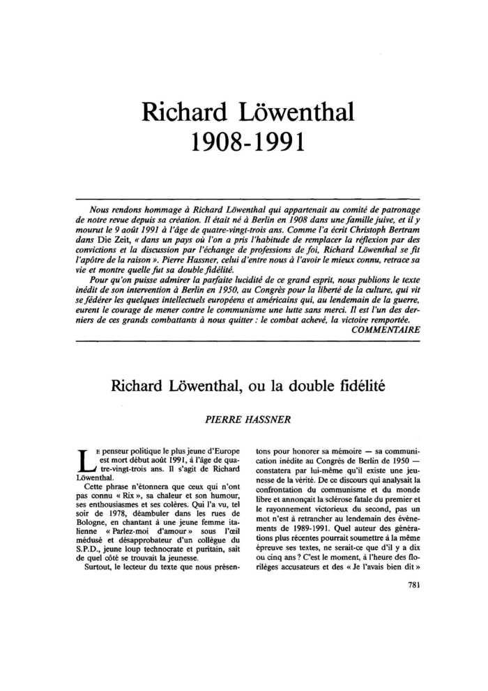 Richard Lowenthal, ou la double fidélité
 – page 1