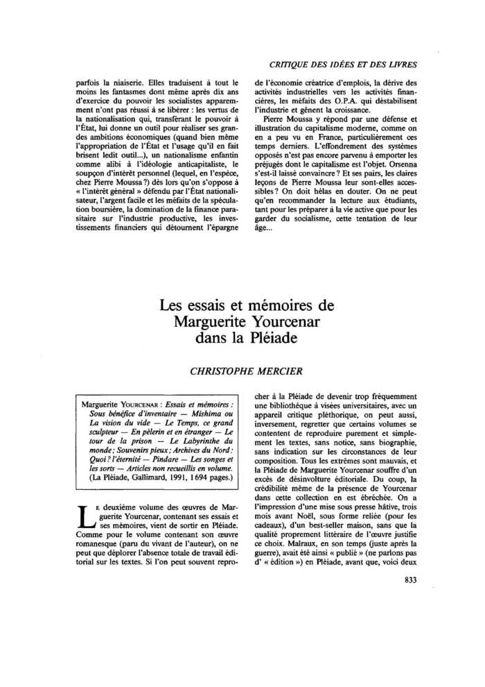 Les essais et mémoires de Marguerite Yourcenar dans la Pléiade
 – page 1