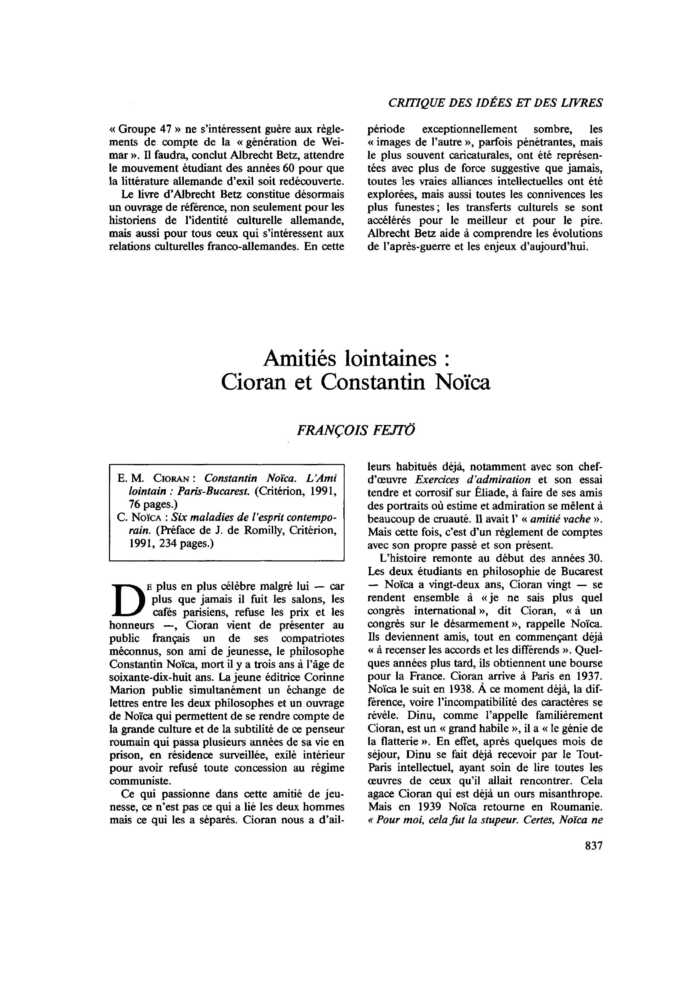 Amitiés lointaines : Cioran et Constantin Noïca
 – page 1