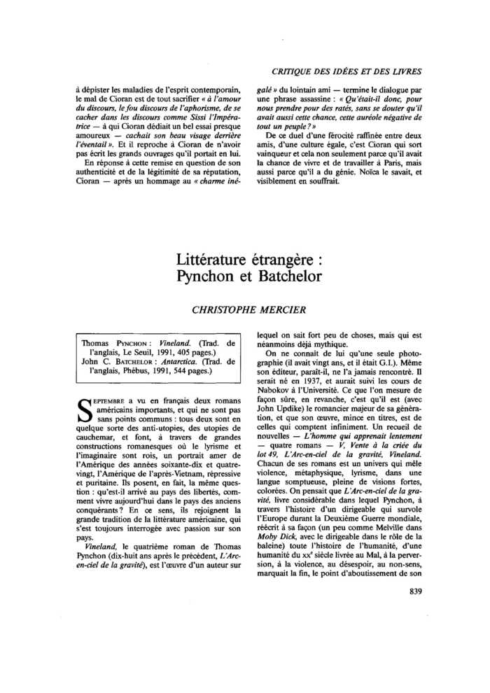 Littérature étrangère : Pynchon et Batchelor
 – page 1