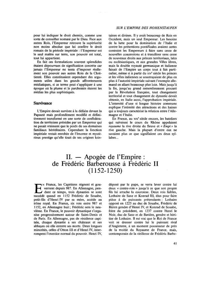 Sur l’Empire des Hohenstaufen. II. Apogée de l’Empire : de Frédéric Barberousse à Frédéric II (1152-1250)
 – page 1