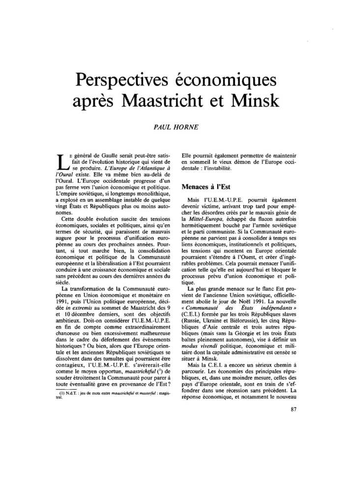 Perspectives économiques après Maastricht et Minsk
 – page 1