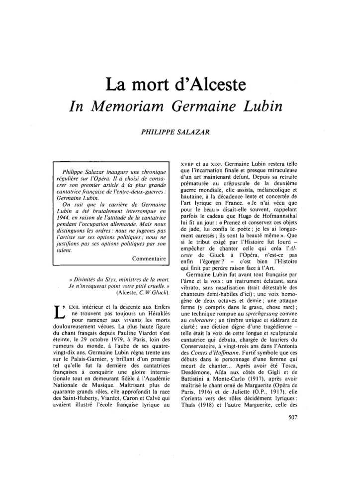 La mort d’Alceste. In Memoriam Germaine Lubin
 – page 1