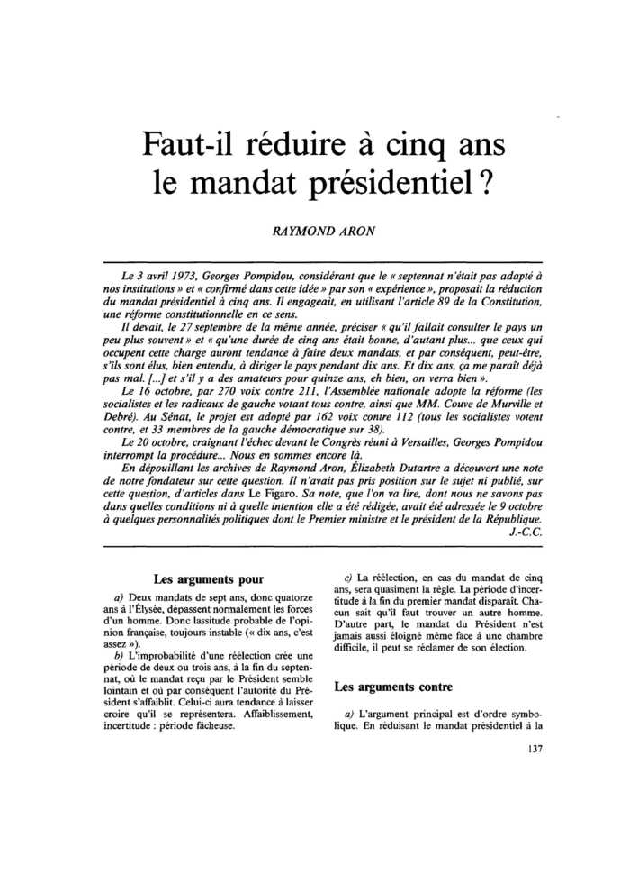 Faut-il réduire à cinq ans le mandat présidentiel ?
 – page 1