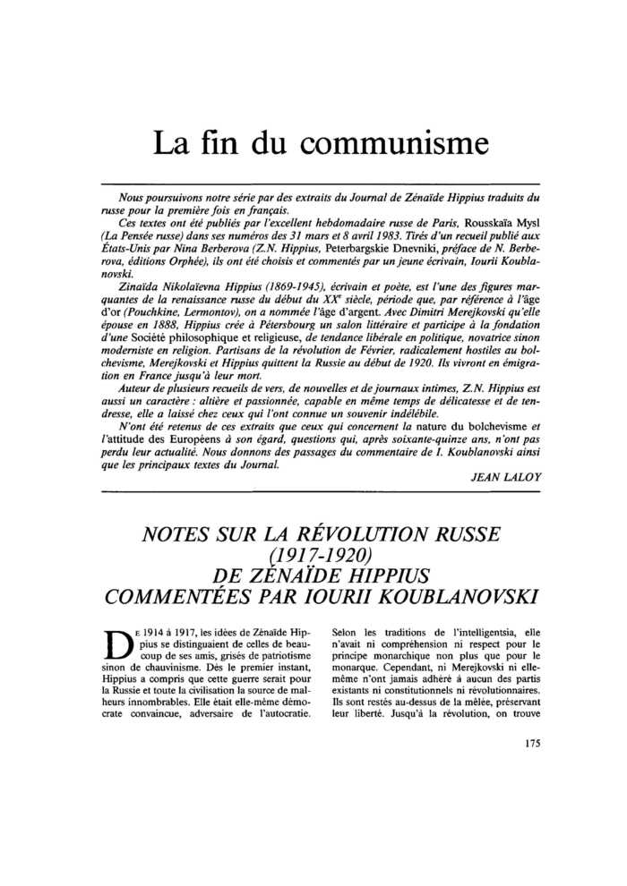 NOTES SUR LA REVOLUTION RUSSE (1917-1920) DE ZENAÏDE HIPPIUS COMMENTÉES PAR IOURII KOUBLANOVSKI
 – page 1