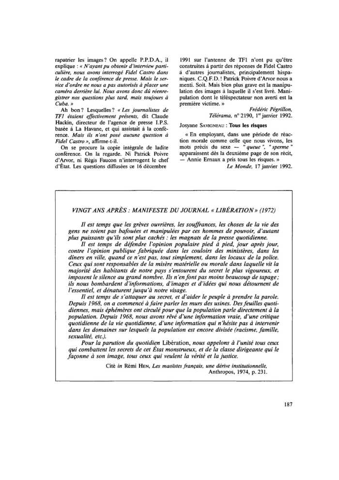 VINGT ANS APRÈS : MANIFESTE DU JOURNAL « LIBÉRATION » (1972)
 – page 1