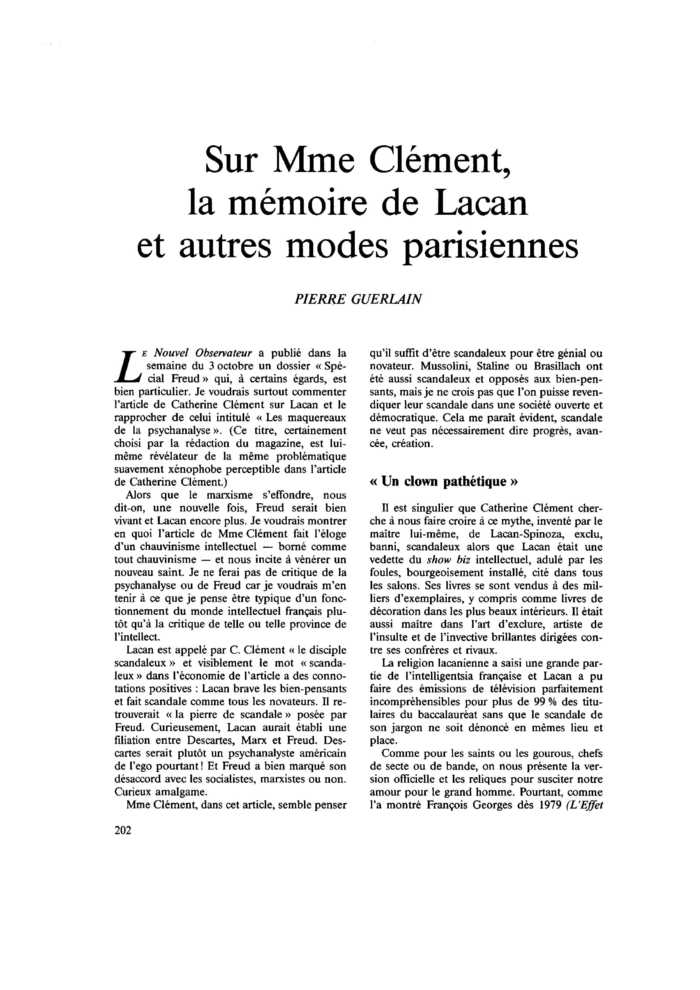 Sur Mme Clément, la mémoire de Lacan et autres modes parisiennes
 – page 1