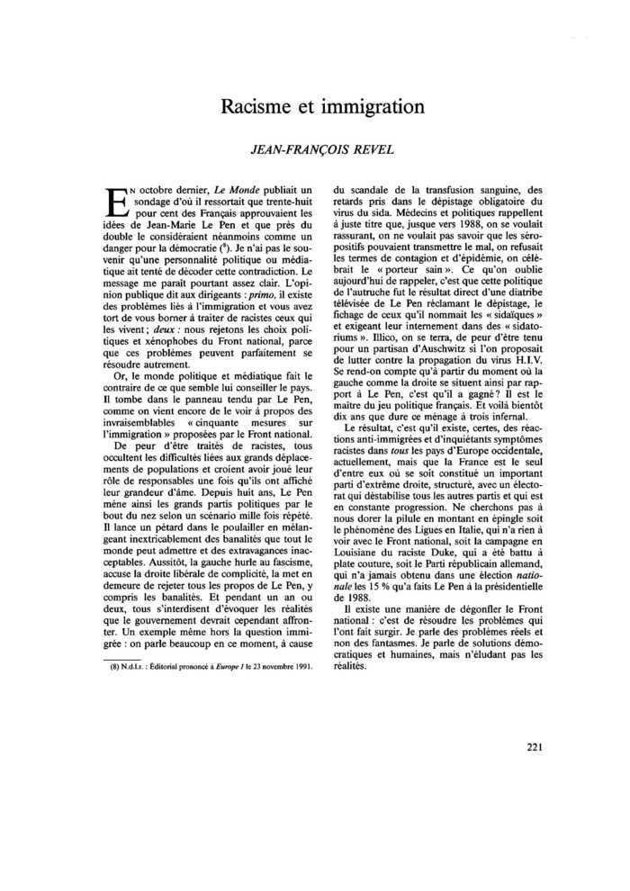Racisme et immigration
 – page 1