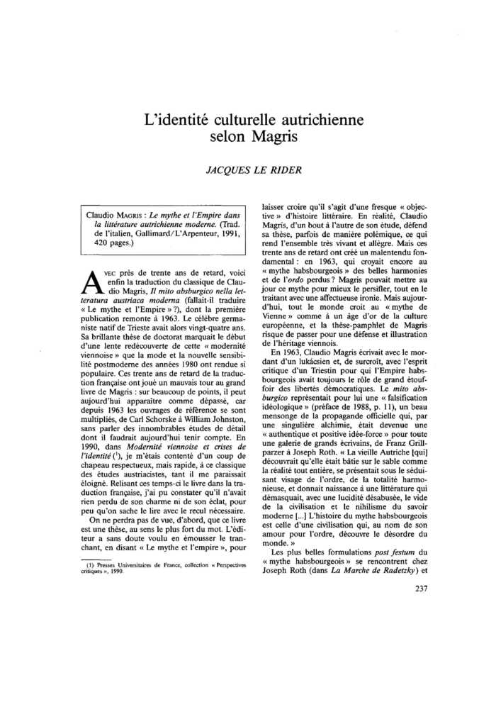 L’identité culturelle autrichienne selon Magris
 – page 1