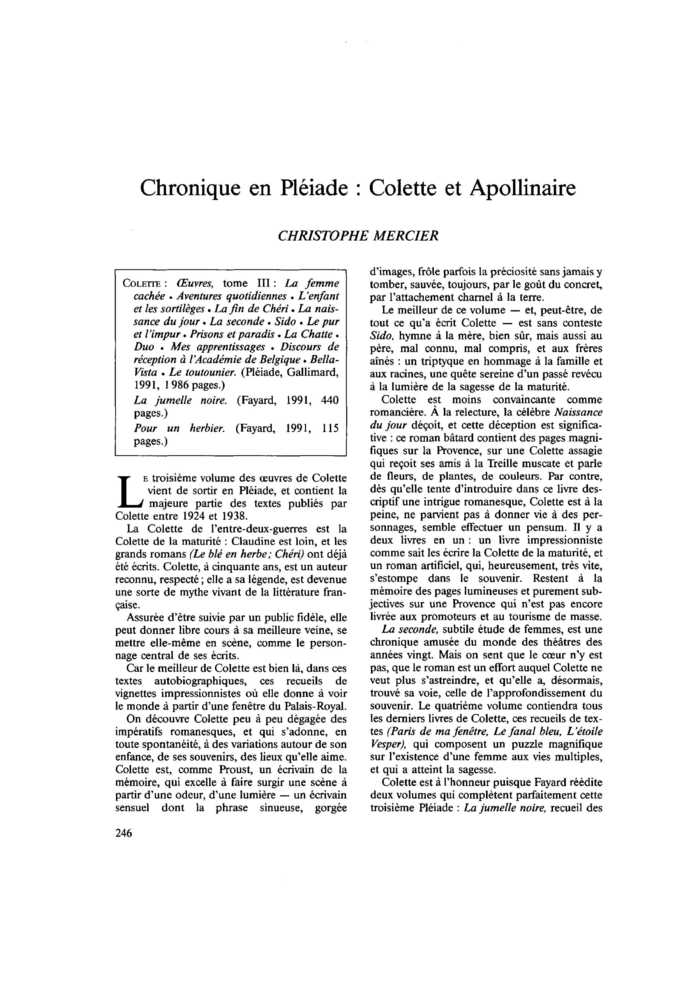 Chronique en Pléiade : Colette et Apollinaire
 – page 1