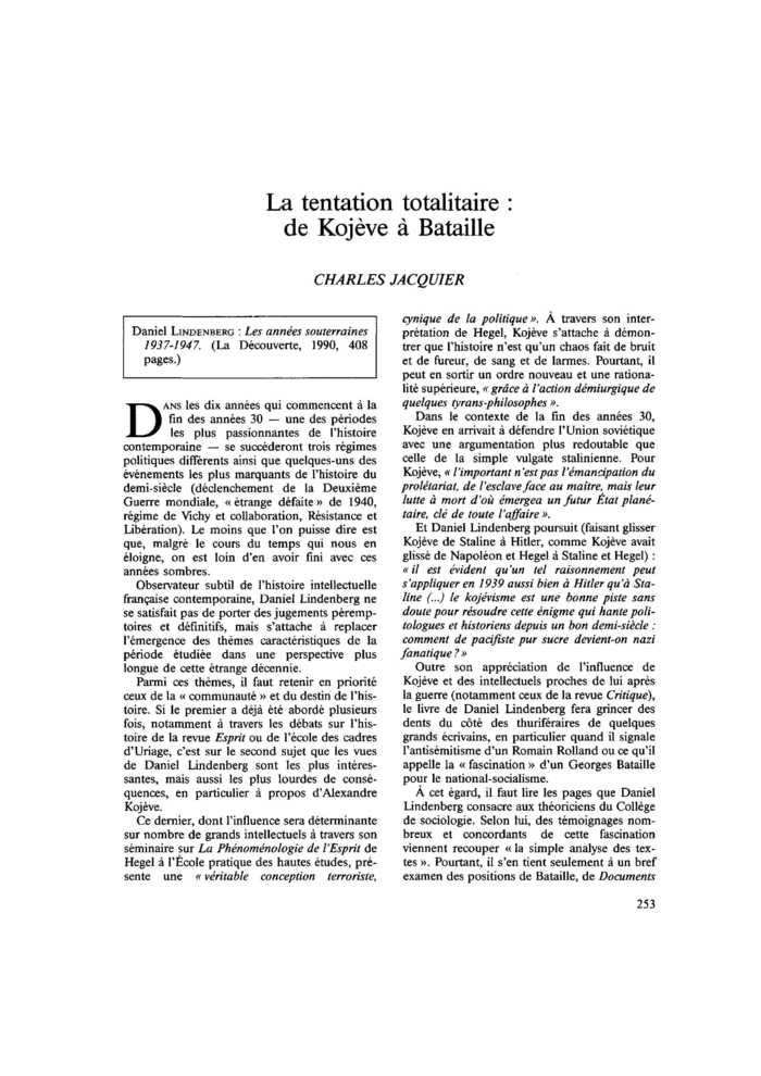 La tentation totalitaire de Kojève à Bataille
 – page 1
