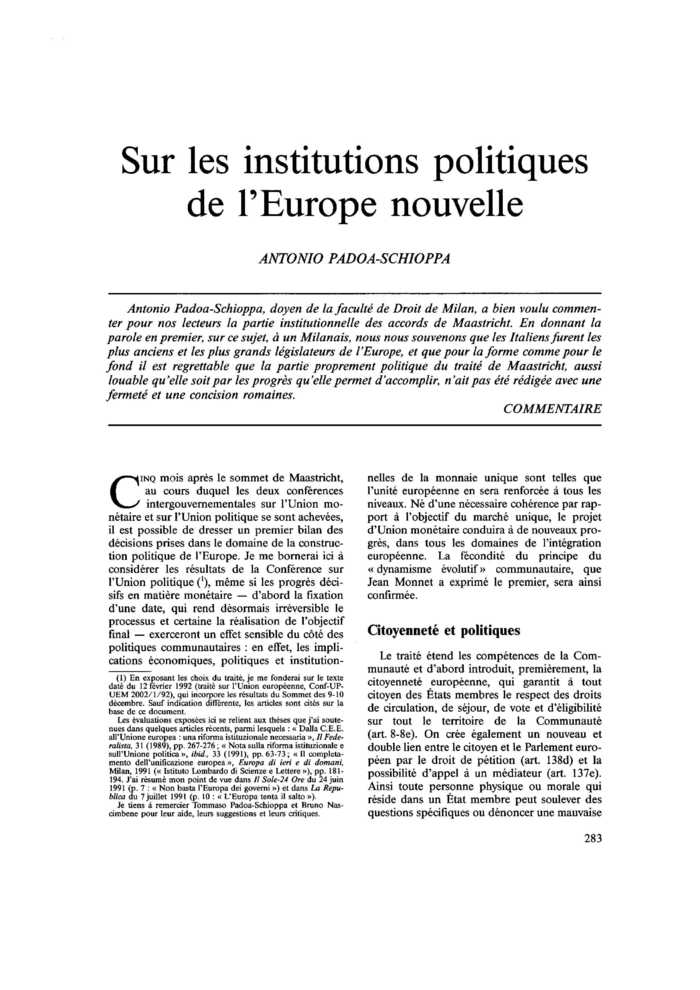 Sur les institutions politiques de l’Europe nouvelle
 – page 1