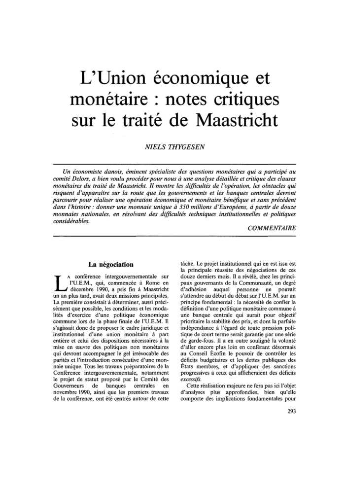 L’Union économique et monétaire : notes critiques sur le traité de Maastricht
 – page 1