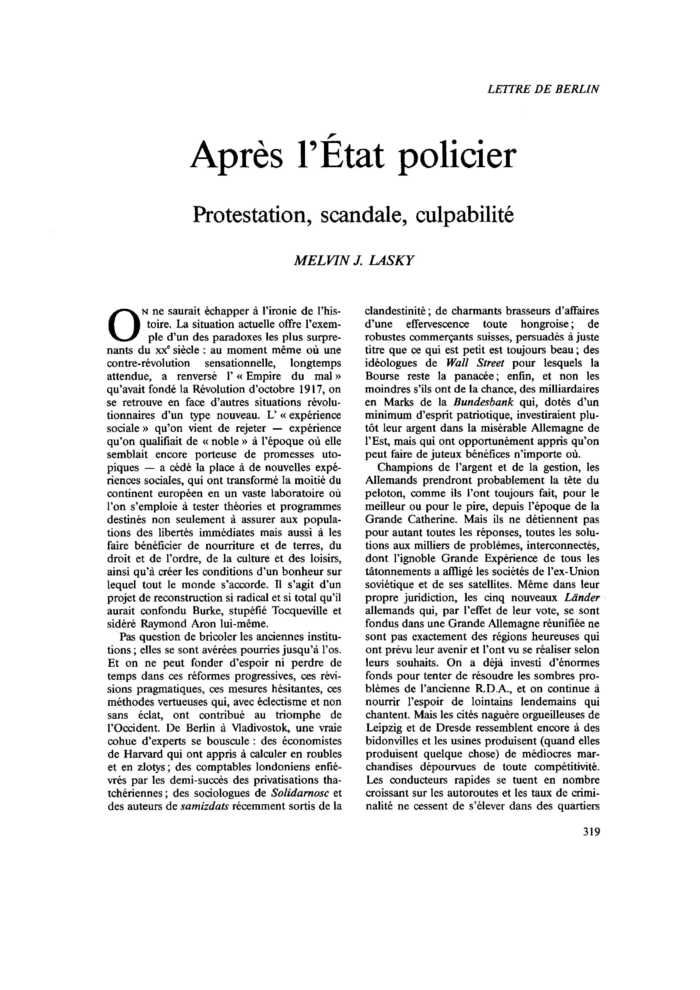LETTRE DE BERLIN. Après l’État policier. Protestation, scandale, culpabilité
 – page 1