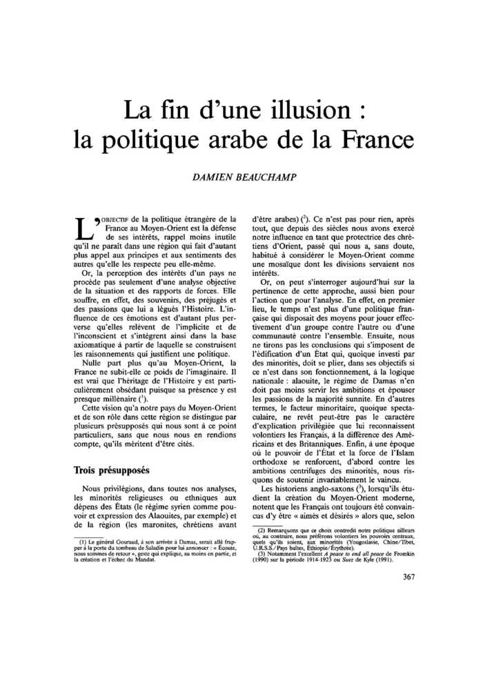 La fin d’une illusion : la politique arabe de la France
 – page 1