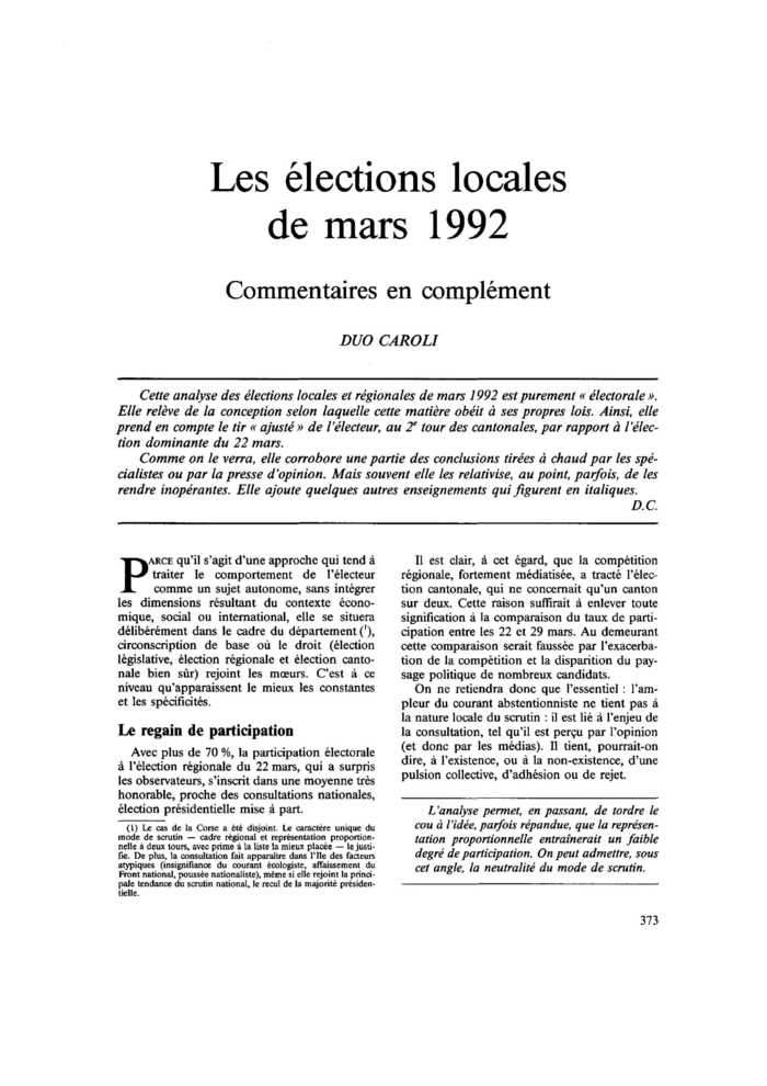 Les élections locales de mars 1992. Commentaires en complément
 – page 1