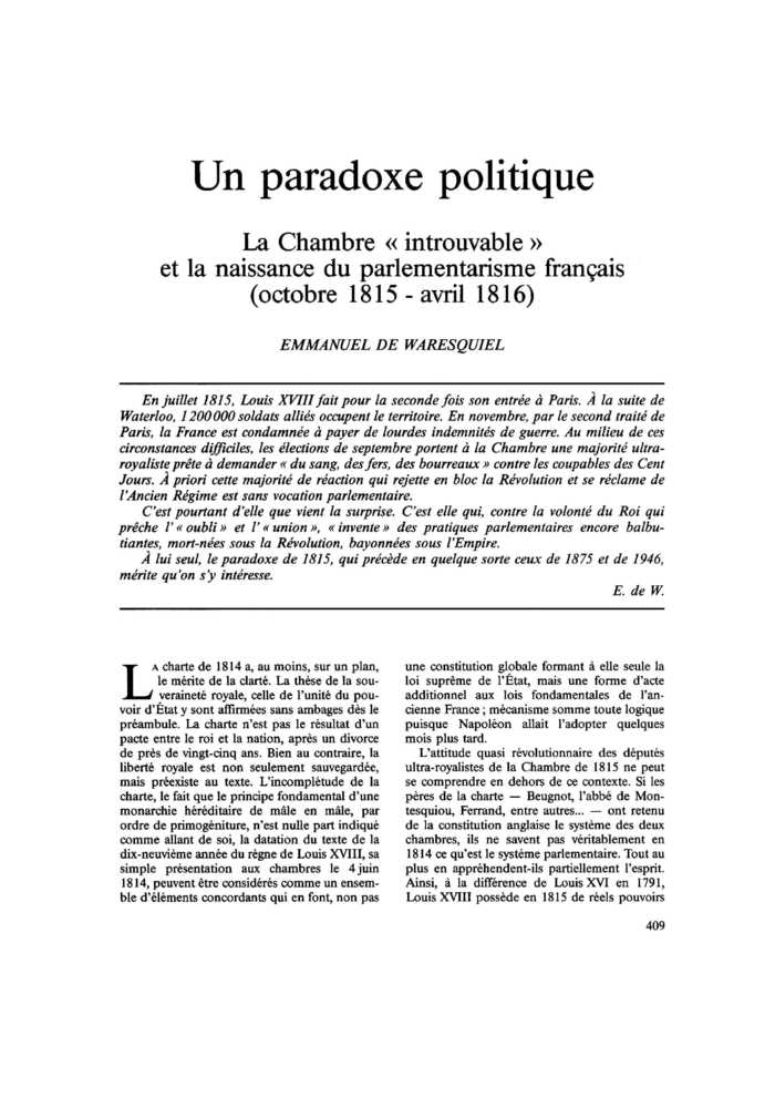 Un paradoxe politique. La Chambre « introuvable » et la naissance du parlementarisme français (octobre 1815 – avril 1816)
 – page 1