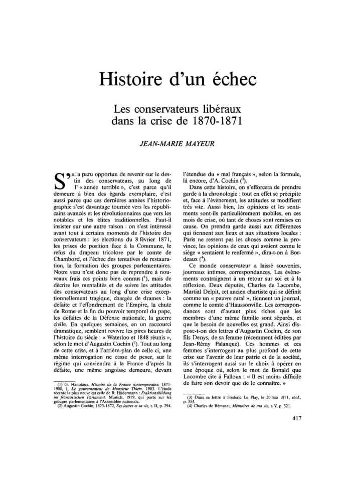 Histoire d’un échec. Les conservateurs libéraux dans la crise de 1870-1871
 – page 1