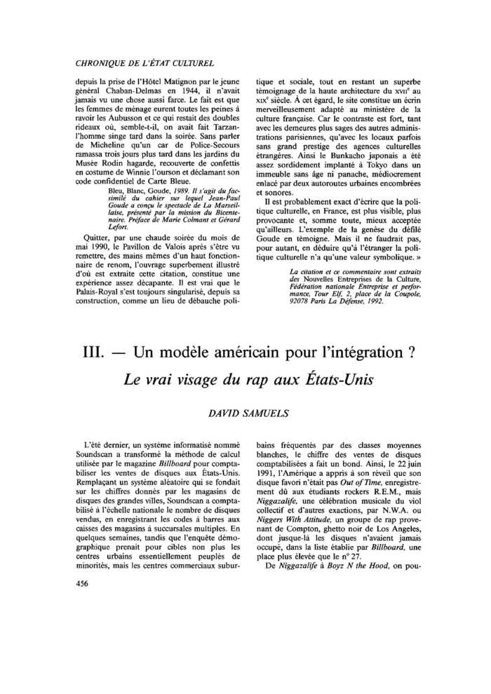 III. Un modèle américain pour l’intégration ? Le vrai visage du rap aux États-Unis
 – page 1