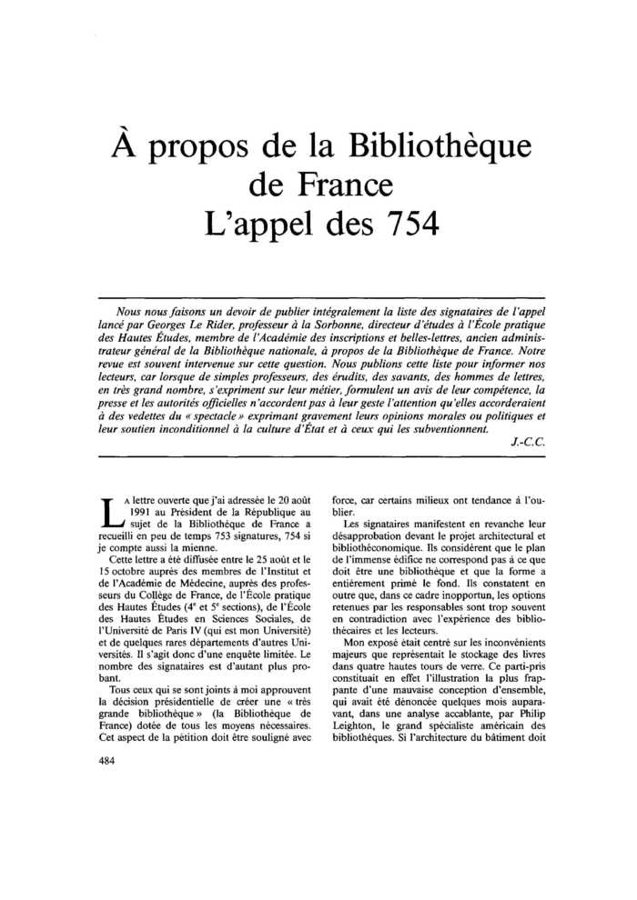 À propos de la Bibliothèque de France. L’appel des 754
 – page 1