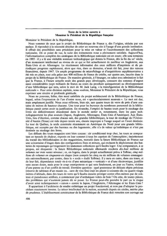 L’appel des 754. À propos de la Bibliothèque de France. Texte de la lettre ouverte à Monsieur le président de la République française
 – page 1