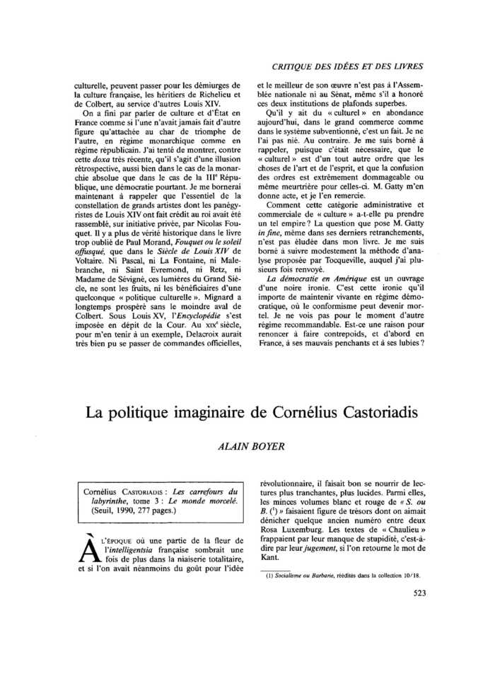 La politique imaginaire de Cornélius Castoriadis
 – page 1