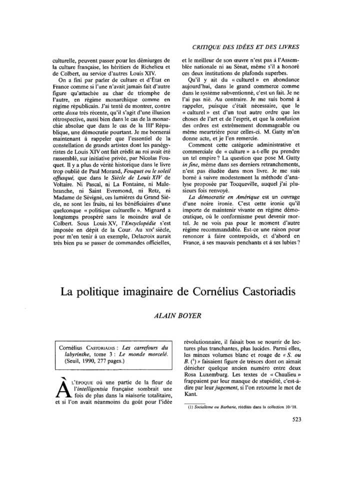 La politique imaginaire de Cornélius Castoriadis
 – page 1