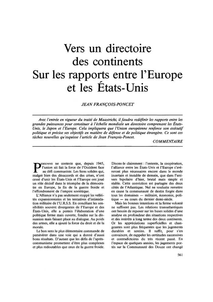 Vers un directoire des continents. Sur les rapports entre l’Europe et les États-Unis
 – page 1