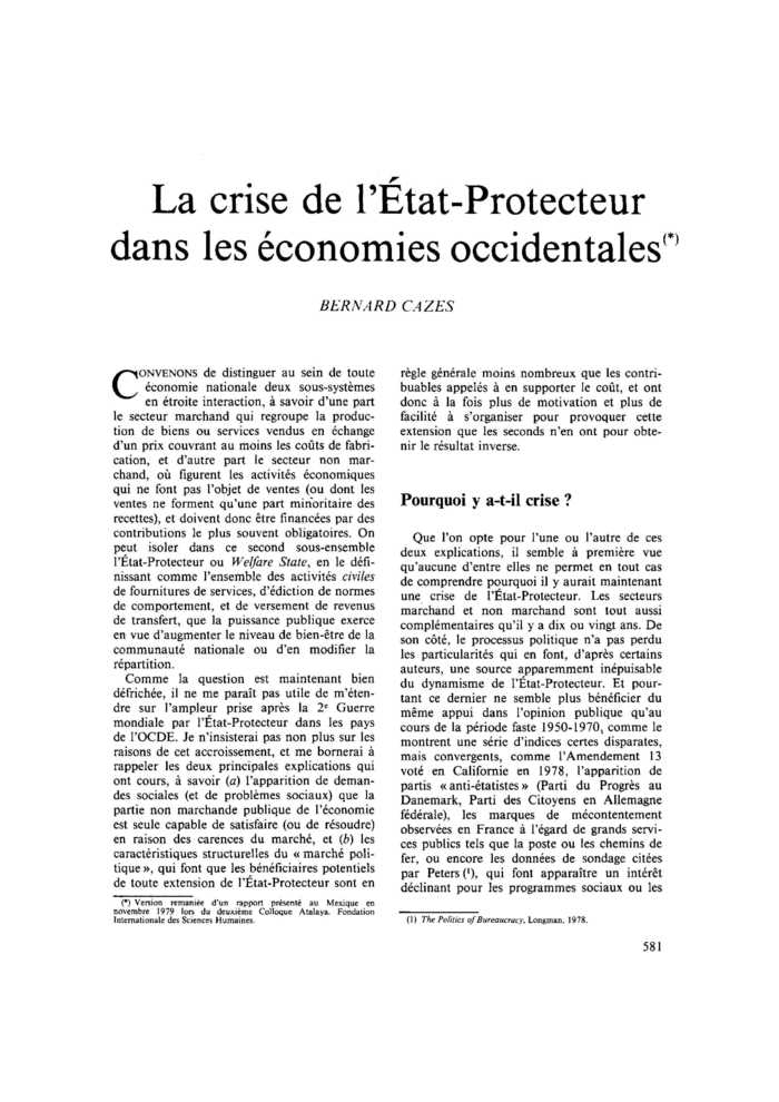 La crise de l’État-Protecteur dans les économies occidentales (*)
 – page 1